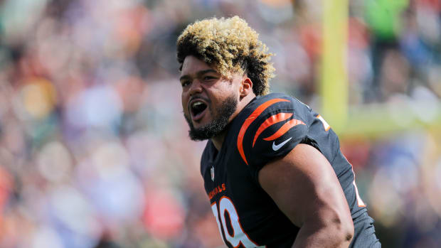 Oct 10, 2021; Cincinnati, Ohio, USA; Cincinnati Bengals guard Jackson Carman (79) runs onto the field prior to the game against the Green Bay Packers at Paul Brown Stadium. Mandatory Credit: Katie Stratman-USA TODAY Sports